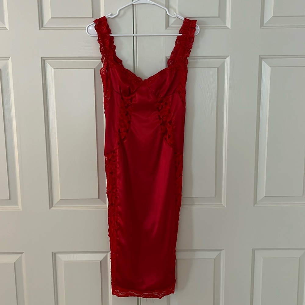 Red stretchy satiny and lace dress